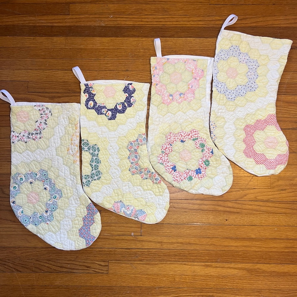 Vintage Handmade Quilted Christmas Stockings Yellow Grandma’s Garden Pattern 18”